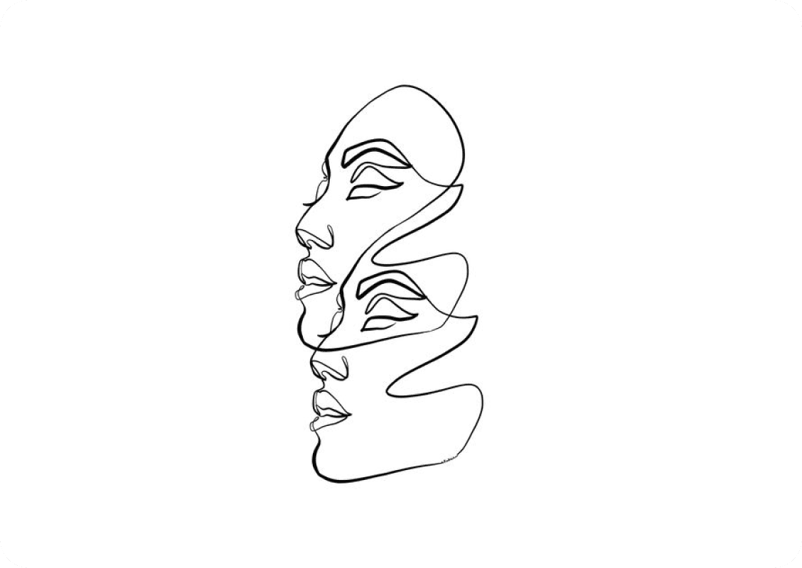Continuous line drawing of three faces in profile